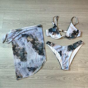 Marble Print Bikini Set with Cover-Up Small